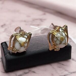 Vintage Gold Stud Earrings with White Marble Stone & Rhinestones